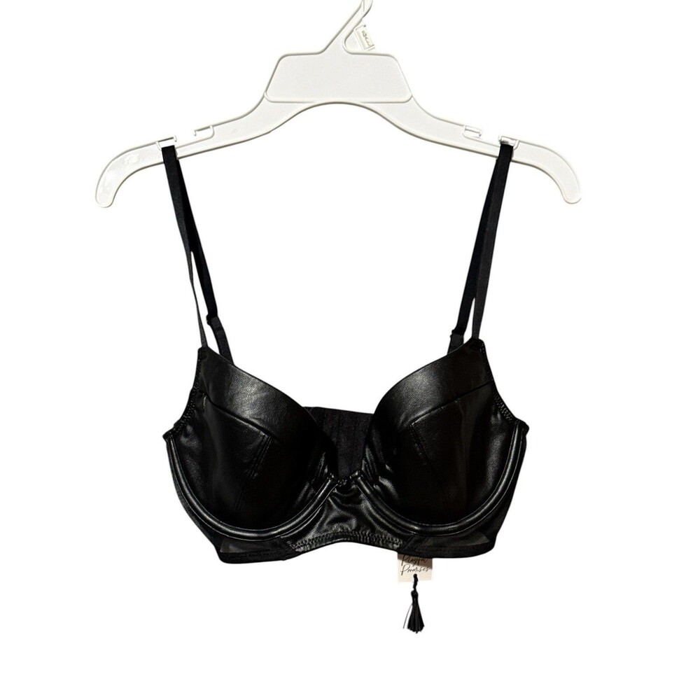 Playful Promises Iris Bra 30DD Black Leatherette Padded Plunge NWT PP3316